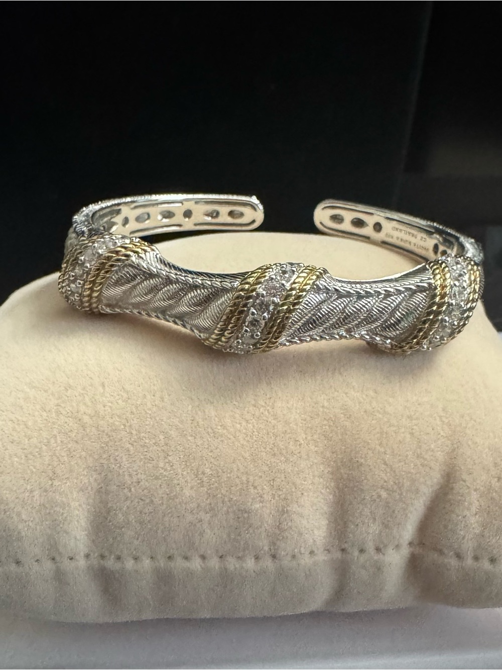 Judith Ripka 925 Silver Braided Cuff Bracelet w/Gold Texture Trim & Diamonique - Picture 6 of 13